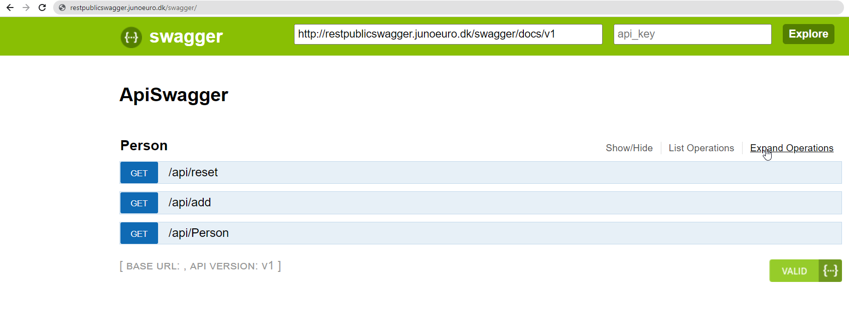 Rest Web Service Swagger Simply.com Den samme service som ovenover, bare nu med swagger OpenAPI interface, som gør det nemmere for applikationer at knytte til servicen screenshot